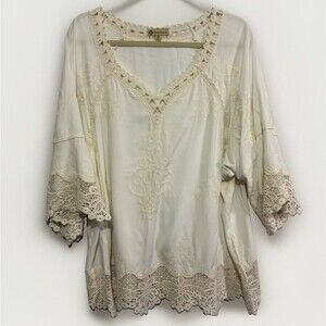 Democracy Cream Flowy Lace Embroidered Blouse 2X NWT Boho Whimsy Romantic NWOT